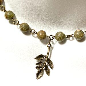Natural Earthy Unakite Necklace, Cute Bronze Leaf Branch + Genuine Gemstone